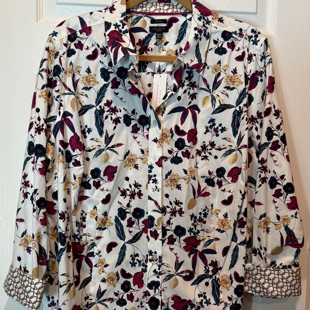 Talbots Floral Button Down Shirt - Burgundy and Gold